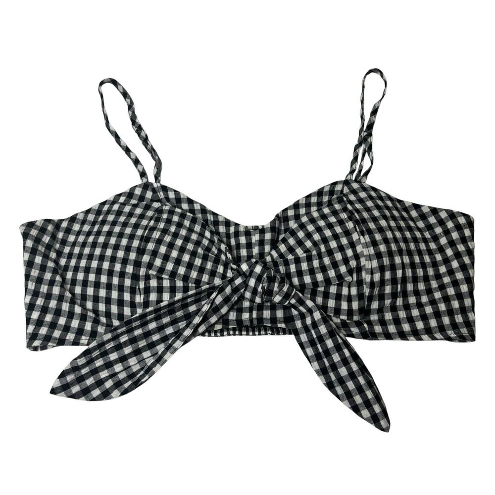 Windsor Black Gingham Tie-Front Smocked Bralette Crop Top L Coquette Picnic